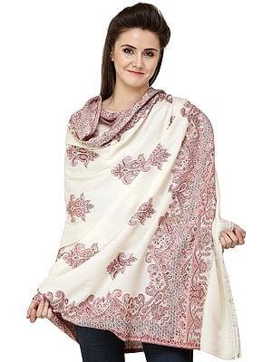 Jamawar Shawl with Woven Border and Paisleys All-Over