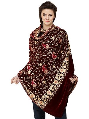 Deep-Wine Velvet Shawl with Aari-Embroidered Flower Vines and Paiselys