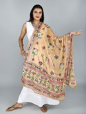 Printed Dupatta from Kutch with Hand-Embroidered Florals and Mirrors