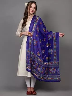Printed Dupatta from Kutch with Hand-Embroidered Florals and Mirrors