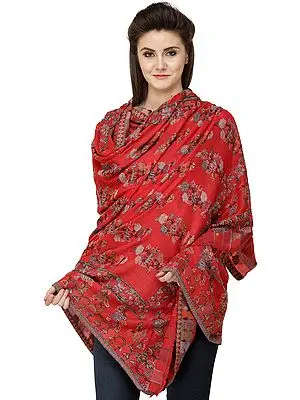 Bittersweet-Red Kani  Jamawar Shawl with Roses Woven All-Over