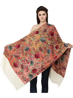 Banana-Cream Stole from Kashmir with Heavy Aari Hand-Embroidered Multicolor Flowers