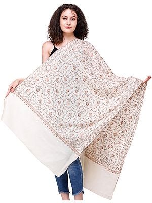 Pashmina Stole from Kashmir with Aari-Embroidered Flower Vines All-Over