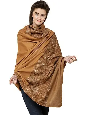 Mocha-Mousse Pure Pashmina Handloom Shawl from Kashmir with Sozni-Embroidered Border