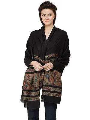 Caviar-Black Plain Stole from Amritsar with Woven Kani Border