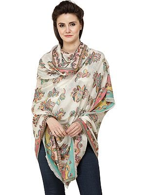Banana-Cream Kani Shawl with Woven Border and Roses in Multicolor Thread