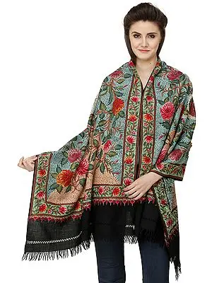 Phantom-Black Stole from Kashmir with Heavy Aari Hand-Embroidery All-Over