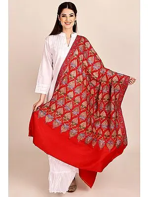 Superfine True-Red Pure Pashmina Shawl from Kashmir with Sozni-Embroidery by Hand