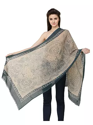 Tan Pure Wool Digital Printed Stole from Nepal