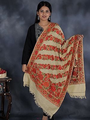 Kashmiri Designer Stole with Hand Embroidered Flowers All-Over