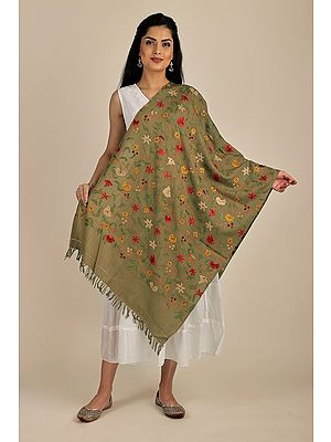 Kashmiri Stole with Aari Embroidered Flowers by Hand