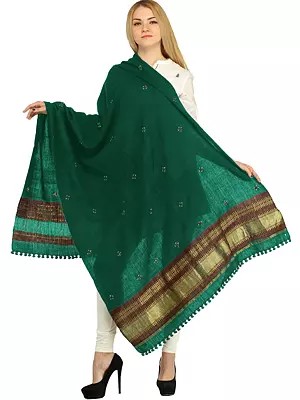 Shawl from Kutch with Embroidered Bootis and Golden Woven Border