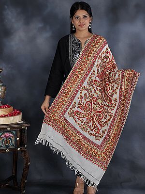 Stole from Kashmir with Aari-Embroidered Paisleys by Hand