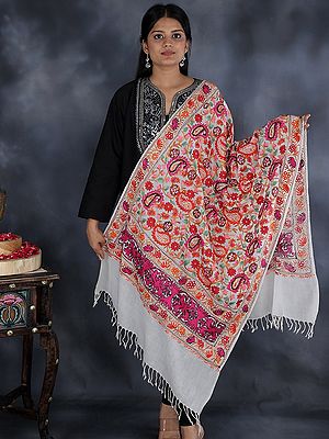 Off-White Stole from Amritsar with Aari-Embroidered Paisleys in Multicolor Thread