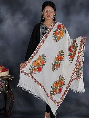 Stole from Kashmir with Aari Hand-Embroidered Bouquet of Flowers