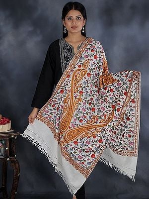 Kashmiri Stole with Aari Hand-Embroidered Flowers and Paisleys