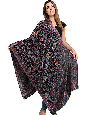 Kani Jamawar Stole with Woven Flowers and Paiselys in Multi-Color Thread