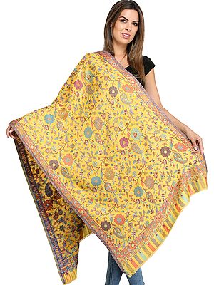 Kani Jamawar Stole with Woven Flowers and Paiselys in Multi-Color Thread