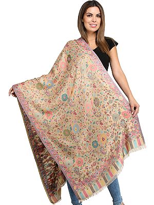 Kani Jamawar Stole with Woven Flowers and Paiselys in Multi-Color Thread