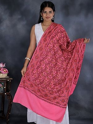 Pink-Lemonade Tusha Stole from Kashmir with Sozni Embroidered Multicolor Florals