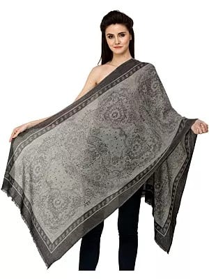 Caviar Black and Gray Cashmere Stole from Nepal with Self-Weave