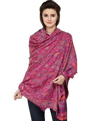 Fuchsia-Rose Kani Jamawar Shawl from Amritsar with Woven Florals All-Over