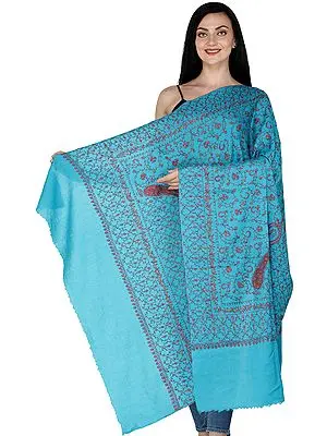 Blue-Denube Cashmere Shawl from Kashmir with Sozni Embroidery