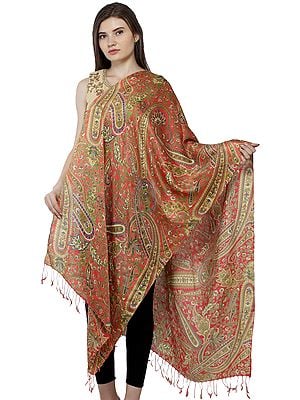 Emberglow Digital-Printed Kani Stole with Woven Florals and Paisleys in Multicolored Thread