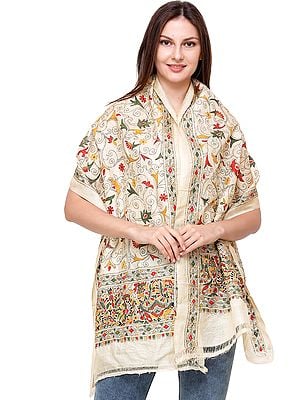 Powderpuff Tussar Stole from Bengal with Kantha Embroidered Florals All-Over