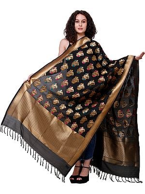 Brocaded Dupatta from Banaras with Zari-Woven Parrots All-Over