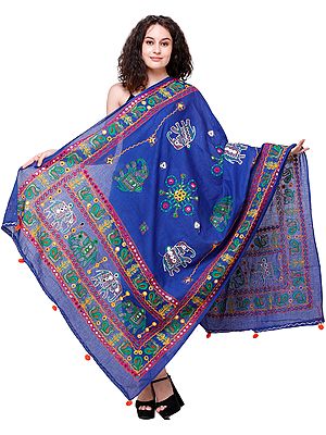 Printed Dupatta from Kutch with Hand-Embroidered Elephants and Mirrors