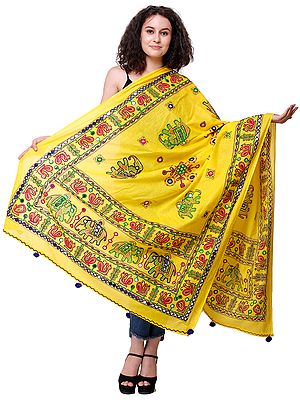 Printed Dupatta from Kutch with Hand-Embroidered Elephants and Mirrors