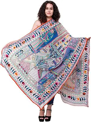 Spa-Blue Phulkari Dupatta from Punjab with Embroidered Flowers and Printed Village Folks in Multicolor Thread