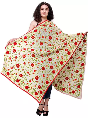 Phulkari Dupatta from Punjab with Embroidered Flowers All-Over and Studded Sequins