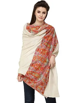 Oyster-White Pure Pashmina Handloom Shawl from Kashmir with Multicolored Kalamkari Hand-Embroidery on Border