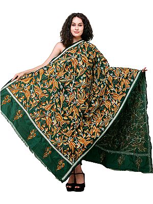 Bayberry Dupatta from Kolkata with Kantha Hand Embroidered Birds All-over