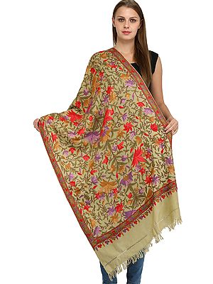 Dried-Moss Kashmiri Stole with Aari Hand-Embroidered Flowers in Multicolored Thread