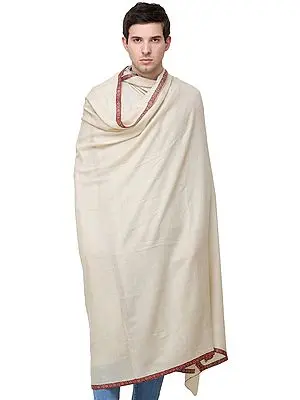 Pearled-Ivory Pure Pashmina Handloom Men's Shawl from Kashmir with Sozni Hand-Embroidery on Border