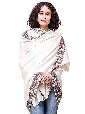 Pearled-Ivory Shawl from Amritsar with Aari-Embroidered Flowers in Multicolor Thread