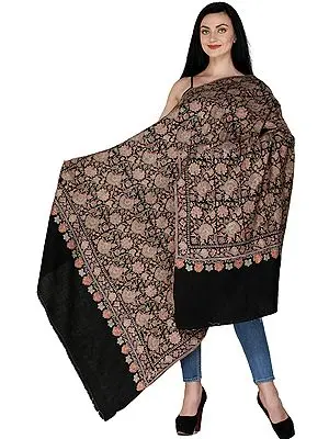 Midnight-Black Pure Pashmina Handloom Shawl from Kashmir with Sozni Embroidered Flowers All-over in Multicolor Thread