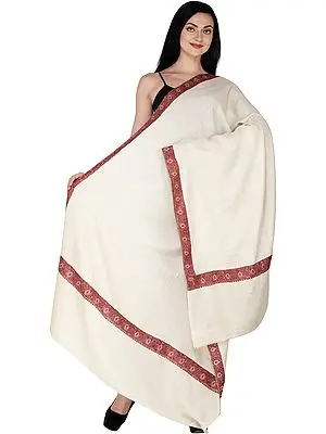 Wood-Ash Handloom Pure Pashmina Shawl from Kashmir with Sozni Embroidery on Border
