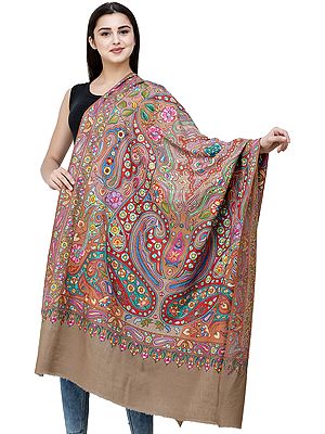 Light-Taupe Pure Pashmina Shawl from Kashmir with Papier-Mache Hand-Embroidery in Multicolor Thread
