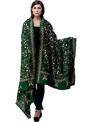 Follage-Green Dupatta from Kolkata with Kantha Hand-Embroidered Flowers