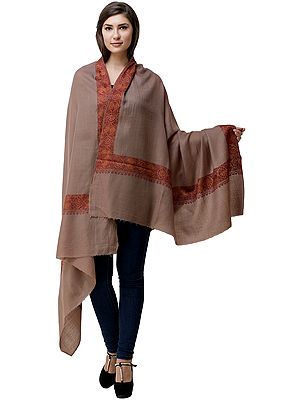 Woodsmoke Shawl from Kashmir with Sozni Hand-Embroidery on Border