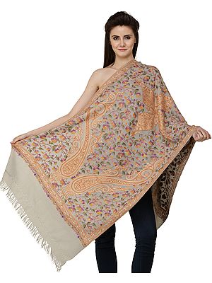 Stole from Kashmir with Aari-Hand-Embroidered Giant Paisleys