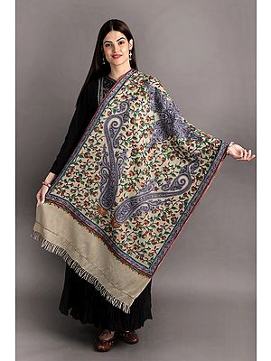 Stole from Kashmir with Aari-Hand-Embroidered Giant Paisleys