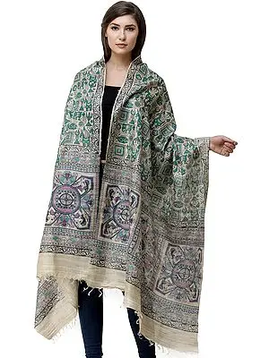 Ivory Dupatta from Jharkhand with Auspicious Madhubani Folk Print