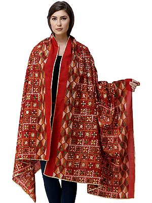 Lipstick-Red Phulkari Dupatta from Amritsar with Aari-Embroidery and Studded Sequins All-Over