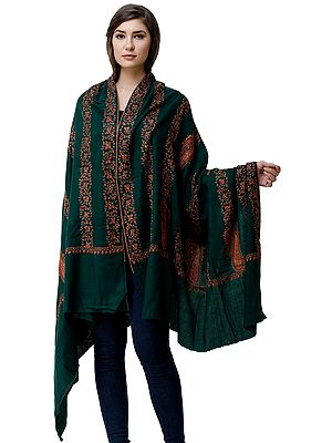 Trekking-Green Shawl from Kashmir with Sozni Hand-Embroidered Floral Vines and Paisleys