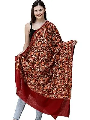 Oxblood-Red Shawl from Amritsar with Floral Embroidery All-Over